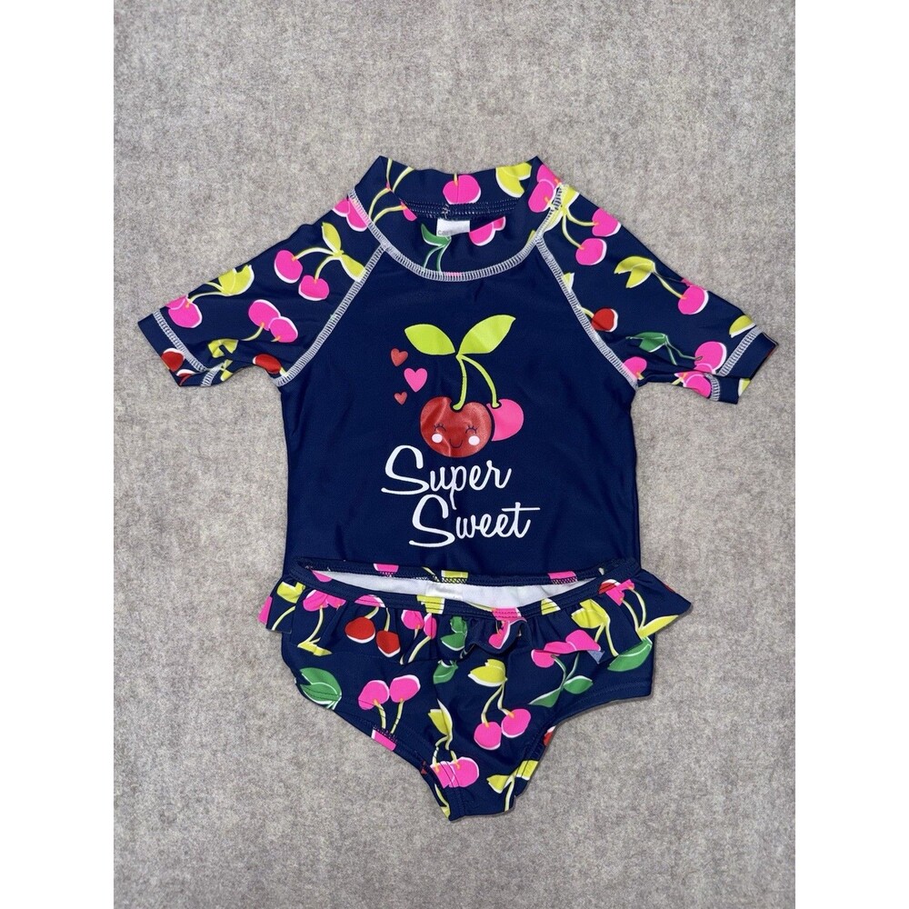 Carters Girls 12M 2 Piece Swimwear Blue Rash Guard Cherries Super Sweet
